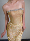 Gold Sheath Lace Sequin Long Prom Dresses, Fashion Strapless Formal Evening Gowns HZ1024