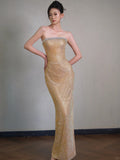 Gold Sheath Lace Sequin Long Prom Dresses, Fashion Strapless Formal Evening Gowns HZ1024