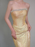 Gold Sheath Lace Sequin Long Prom Dresses, Fashion Strapless Formal Evening Gowns HZ1024
