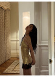 Gold Halter Neck Bodycon Satin Lace Short Outdoor Party Dress Fashion Homecoming Dress HZ1024