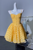 Yellow Spaghetti Straps A-Line Tulle Applique Short Prom Dresses Cute Homecoming Dress HZ1024