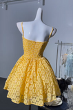 Yellow Spaghetti Straps A-Line Tulle Applique Short Prom Dresses Cute Homecoming Dress HZ1024