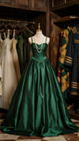 Dark Green Spaghetti Straps A-Line Satin Long Prom Dresses Formal Evening Dress HZ1024