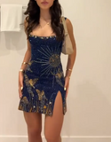 Navy Blue Square Neck Bodycon Beaded Short Evening Gown Gorgeous Homecoming Dresses HZ1024