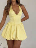 Butter Yellow Halter A-Line Satin Short Prom Dresses Fashion Homecoming Dress HZ1024