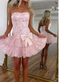 Pink Strapless Sheath Tulle Sequin Short Prom Dresses Sweet Homecoming Dress HZ1024