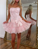 Pink Strapless Sheath Tulle Sequin Short Prom Dresses Sweet Homecoming Dress HZ1024
