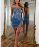 Blue Sweetheart Neck Sheath Sequin Short Prom Dresses Stylish Homecoming Dress with Slits HZ1024