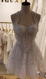 White Halter A-Line Beaded Sequin Short Party Dress,Tulle Homecoming Dresses HZ1024
