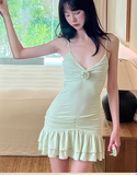 Green Spaghetti Strap Sheath Holiday Outfit Short Party Dress HZ1024