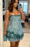 Blue Spaghetti Straps Sheath Sequins Short Evening Dress Party Dress HZ1024