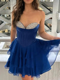 Blue Strapless A-Line Chiffon Short Homecoming Dress with Sequins HZ1024