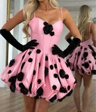 Spaghetti Straps Pink A-Line Satin Backless Short Homecoming Dress with Appliques HZ1024