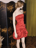 Red Strapless A-Line Satin Polka Dot Short Prom Dress Sweet 16 Dress HZ1024