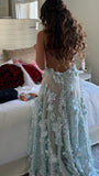 Blue Halter Neck Sheath Tulle Long Prom Dresses Backless Evening Gowns with Appliques HZ1024
