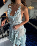 Blue Halter Neck Sheath Tulle Long Prom Dresses Backless Evening Gowns with Appliques HZ1024