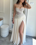 Apricot Strapless Sheath Chiffon Long Prom Dresses Formal Evening Dresses with Slits HZ1024