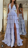 Silver Halter A-Line Satin Layered Sequins Long Prom Dresses Formal Evening Gowns with Slits HZ1024