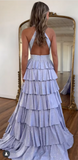 Silver Halter A-Line Satin Layered Sequins Long Prom Dresses Formal Evening Gowns with Slits HZ1024