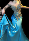 Blue Off Shoulder Mermaid Beaded Satin Long Prom Dresses Formal Evening Gowns HZ1024