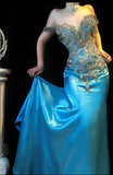 Blue Off Shoulder Mermaid Beaded Satin Long Prom Dresses Formal Evening Gowns HZ1024