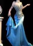 Blue Off Shoulder Mermaid Beaded Satin Long Prom Dresses Formal Evening Gowns HZ1024
