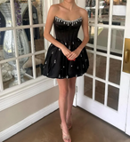Black Strapless A-Line Satin Beaded Prom Dresses Formal Evening Gowns HZ1024