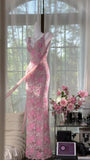 V-Neck Sheath Tulle Beaded Long Prom Dresses Gorgous Backless Evening Gowns HZ1024