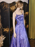 Spaghetti Straps Purple Satin Long Prom Dresses Vintage Evening Dresses with Beading HZ1024