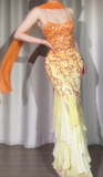 Mermaid Spaghetti Straps Chiffon Beading Long Prom Dresses Vintage Evening Dress with Open Back HZ1024
