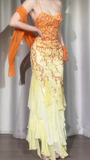 Mermaid Spaghetti Straps Chiffon Beading Long Prom Dresses Vintage Evening Dress with Open Back HZ1024