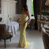 Mermaid Yellow Satin Long Prom Dresses Elegant Formal Evening Gowns HZ1024