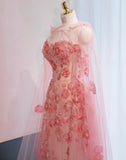 Neck Sheath Tulle Applique Long Prom Dresses Sweet Pink Birthday Dresses HZ1024