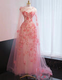 Neck Sheath Tulle Applique Long Prom Dresses Sweet Pink Birthday Dresses HZ1024