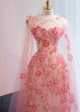 Neck Sheath Tulle Applique Long Prom Dresses Sweet Pink Birthday Dresses HZ1024