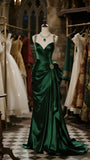 Green Sheath V Neck Elegant Satin Long Prom Dresses Formal Evening Dresses HZ1024