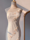 White Mermaid One Shoulder Chiffon Long Evening Gown Gonws with Beading Vintage Prom Dresses HZ1024