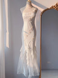 White Mermaid One Shoulder Chiffon Long Evening Gown Gonws with Beading Vintage Prom Dresses HZ1024