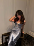 Grey Blue Spaghetti Strap Sheath Satin Long Evening Gonws HZ1024