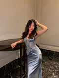 Grey Blue Spaghetti Strap Sheath Satin Long Evening Gonws HZ1024