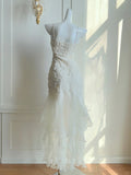 White Spaghetti Strap Sheath Chiffon Prom Dresses Birthday Outfit with Appliques HZ1024