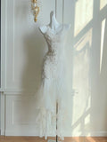 White Spaghetti Strap Sheath Chiffon Prom Dresses Birthday Outfit with Appliques HZ1024