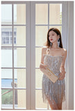 Sheath Strapless Beaded Short Evening Dress Glitter Homecoming Dress With Tassels HZ1024