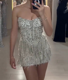 Sheath Strapless Beaded Short Evening Gowns with Tassle Fashion Homecoming Dress HZ1024