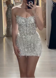 Sheath Strapless Beaded Short Evening Gowns with Tassle Fashion Homecoming Dress HZ1024