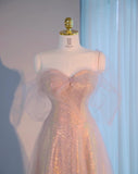 Sweetheart Neck A-Line Tulle Sequin Long Prom Dresses, Sweet 16 Dress HZ1024
