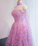 Lilac A-Line Tulle Strapless Long Prom Dresses Quinceanera Dresses with Appliques HZ1024