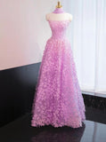 Lilac A-Line Tulle Strapless Long Prom Dresses Quinceanera Dresses with Appliques HZ1024