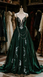 Dark Green V-Neck A-Line Satin Long Prom Dresses Graduation Prom Outfits HZ1024