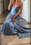 Gray Blue Sheath Strapless Satin Long Prom Dresses Fashion Birthday Party Outfits HZ1024